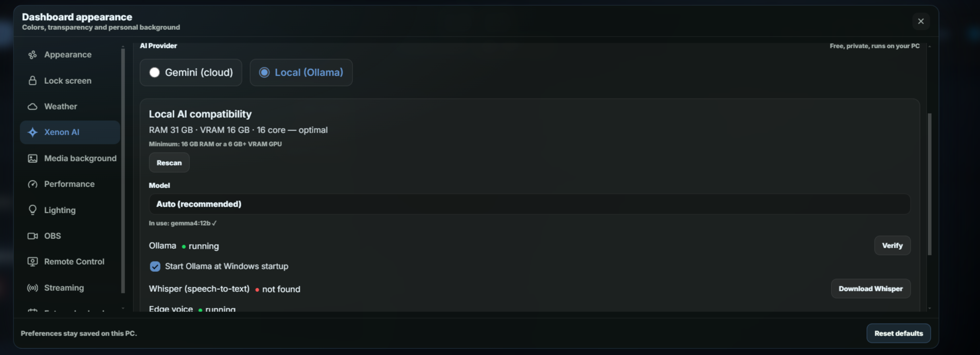 Xenon AI provider settings